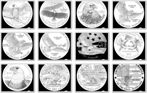American Eagle gold coin reverse candidates. Designs #13, #15, #16, #18, #18A, #19, #19A, #20, #21, #22, #23, and #24.