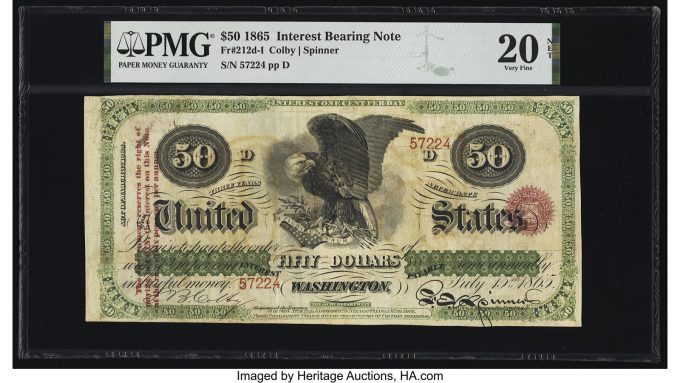 Fr. 212d-I $50 1865 Interest Bearing Note PMG Very Fine 20 Net_Heritage_Auctions