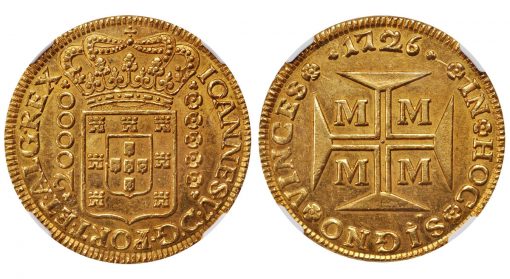 Lot 71139: BRAZIL. 20000 Reis, 1726-M. Minas Gerais Mint. Joao V. NGC MS-62